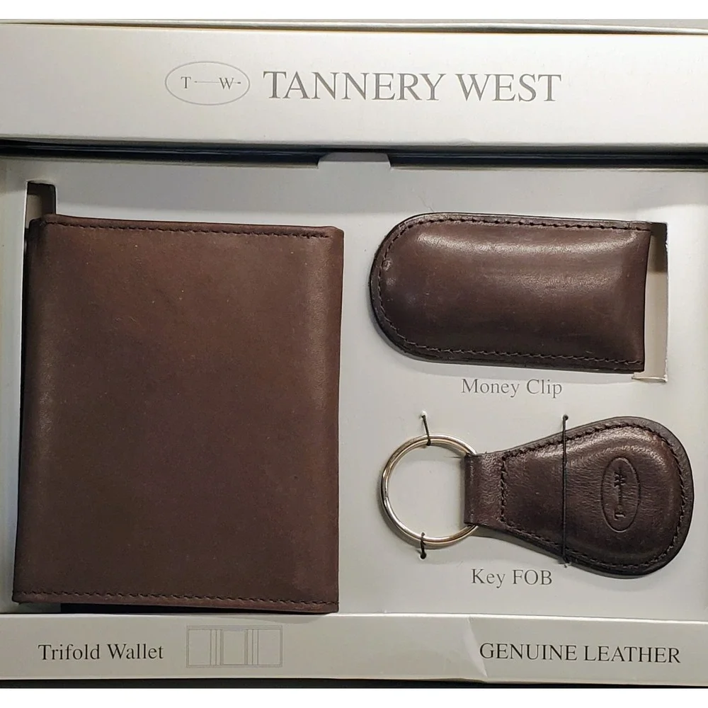 VTG New Genuine Leather Tannery West Men's Tri-Fold Wallet Money Clip Key Chain